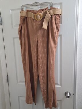 Ashley Stewart Tan Pinstripe Straight Leg Pants with Belt